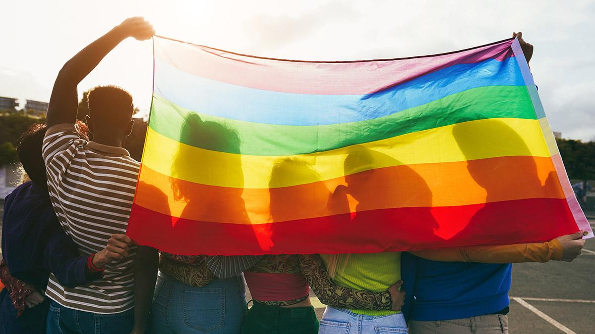 Article Cards Featured Image Young diverse people having fun holding lgbt rainbow flag outdoor Main focus on african guy back