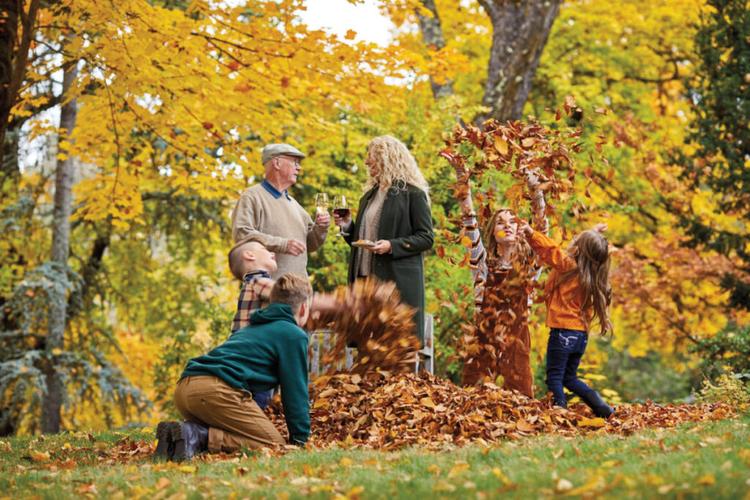 fall leaves image   kids playing in leaves with two adults in the background