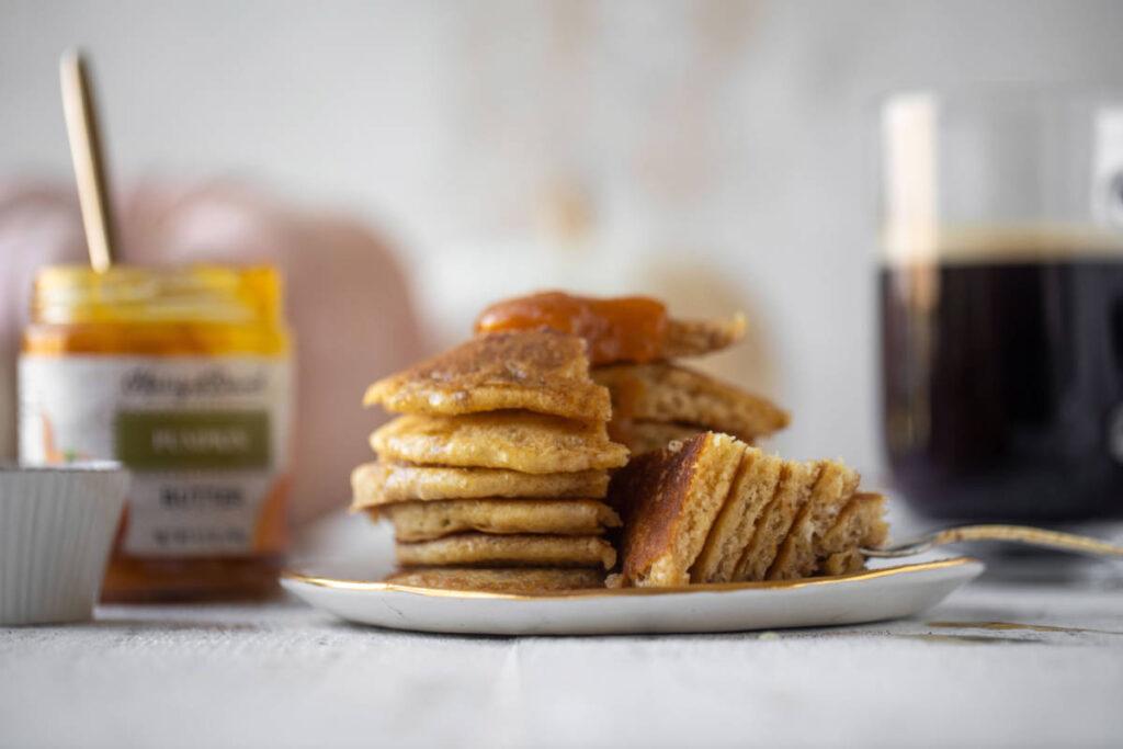 Pumpkin pancakes on a plate.