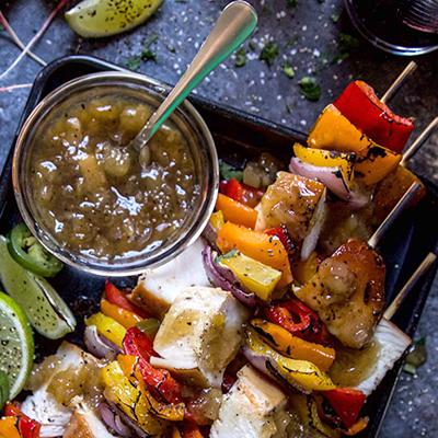 Father's Day recipes with a platter of chicken and vegetable kebabs.